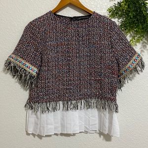 Zara Woman Tweed and Shirt Style Pleated Top